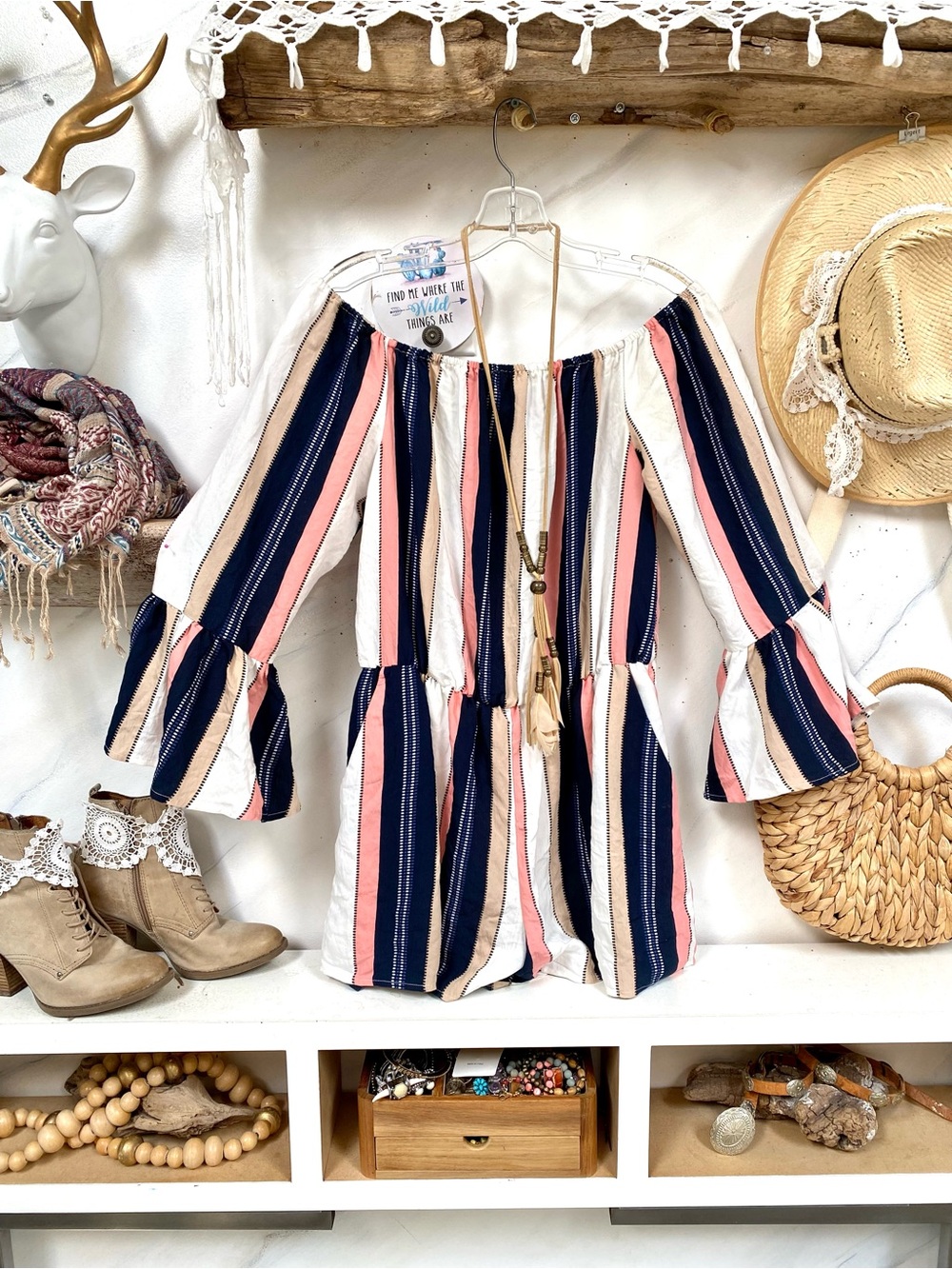 Off the shoulder stripe boho romper Gypsy ruffled sleeves vacay beach vibe